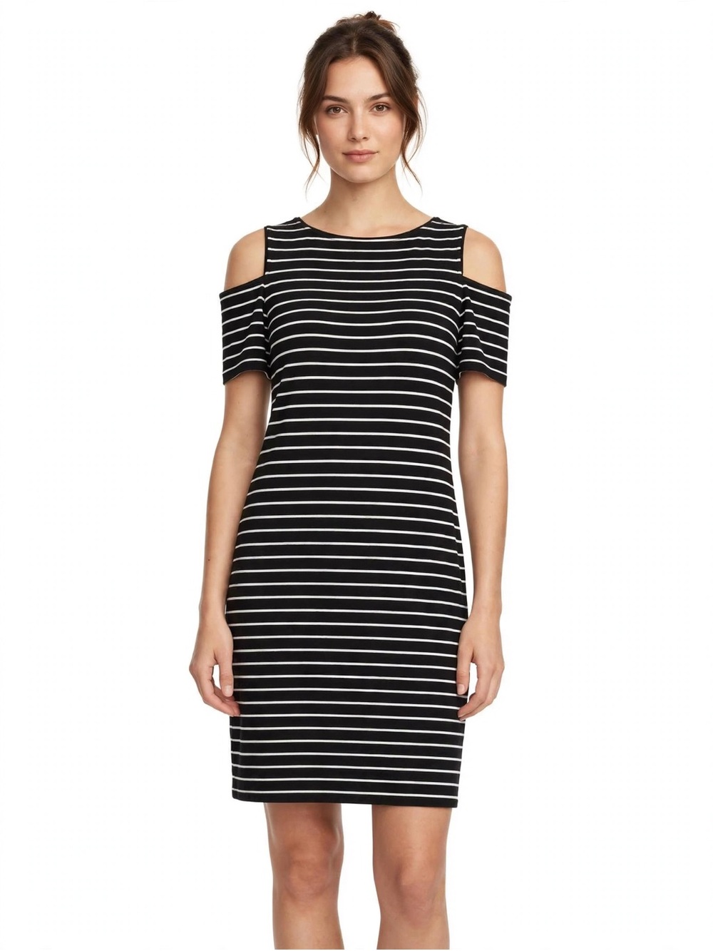 White House Black Market Black & White Striped Cold-Shoulder Mini Dress
